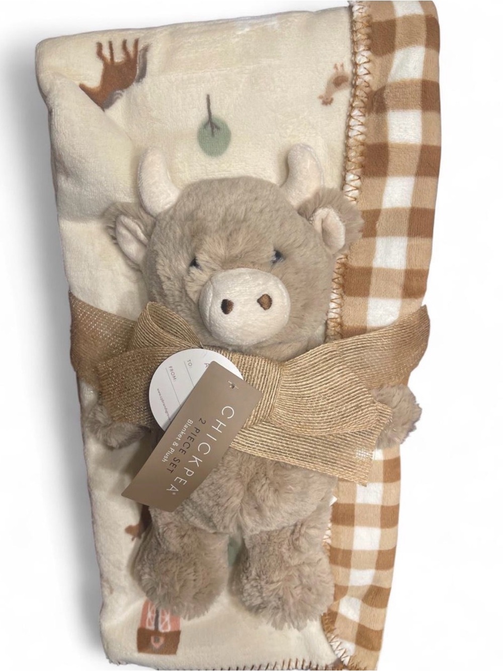 chick pea Cream and Brown Plush Cow Sleep Sack with Gingham Trim